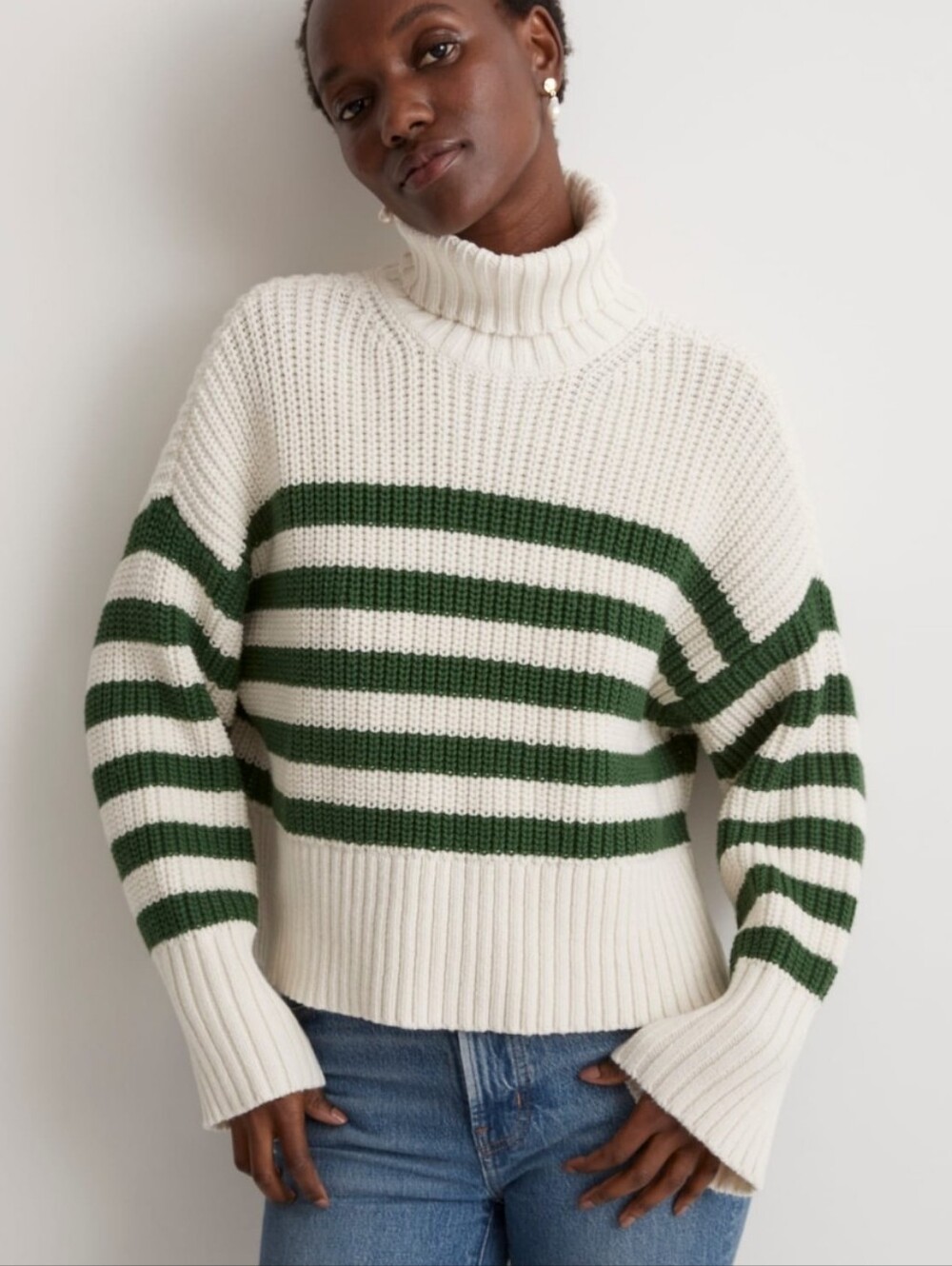 Madewell Wide Rib Turtleneck Varsity Green Stripe Sweater Size M